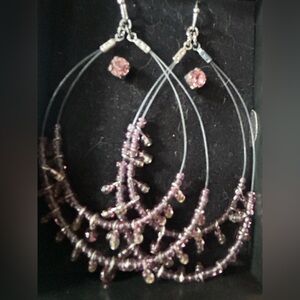 Handcrafted Lavender Purple Bead Dangle Chandelier Hoop Pink Stud Earrings Set